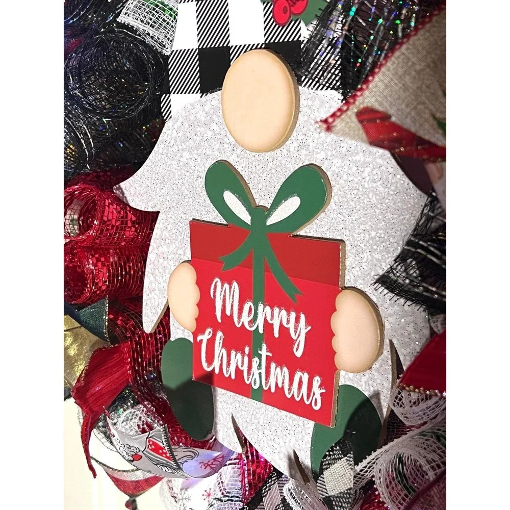 Handmade Merry Christmas Gnome Holiday Ribbon Door Wreath 22 ins W45